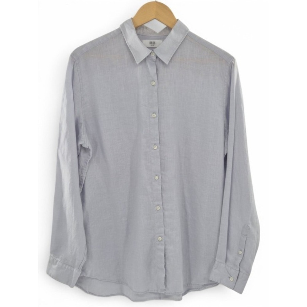 UNIQLO Women's Premium Linen Shirt XL 100% Linen Light Blue Gray Button Down Top
